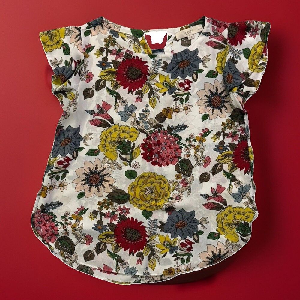 LOFT Petite XSP Floral V-Neck Blouse Short Sleeve Top White Multi